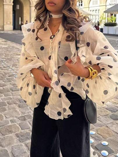 HUACAITA Retro Polka Dot Print Blouse, Loose Chiffon Lantern Sleeves, Ruffles, Sheer Button-Down Shirt, Street Style, Beach Vacation White Summer