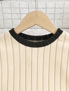 2pcs Young Girl Ribbed Brushed Patchwork Long Sleeve Top And Pants Set, Autumn