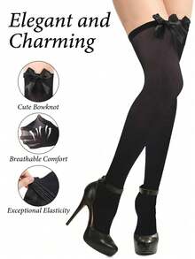 1 Pair Of Women's Opaque Knee-High Socks With Satin Ruffles And Bows - Bow Tie Over the Knee - View 6
