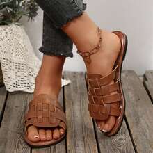 Comfy Flats Slides Women Summer Outdoor Walking Travel Sandals Shoes Round Toe Braided Dressy Closed Toe Woven Vacation Mules - 棕色 - 查看 8