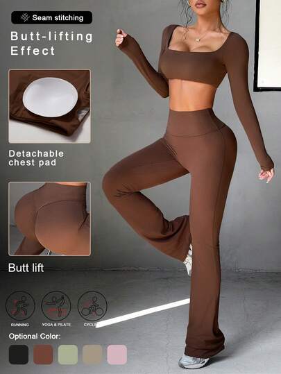 Conjunto deportivo de dos piezas para mujer Aoqta, adecuado para correr, ejercicio, fitness y yoga, con camiseta de manga larga con cuello cuadrado y pantalón corto, para otoño/invierno