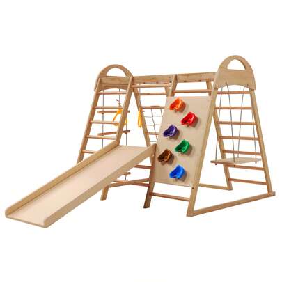 7-In-1 Multifunctional Climbing Frame, Made Of Solid Wood, Plywood, And Beechwood. Includes A Swing, Climbing Ladder, Climbing Frame Slide, Climbing Net, Plastic Climbing Stone, And Rings. Can Be Used As A Tent House.
