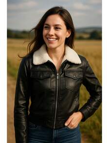 Chaqueta elegante de piel sintética negra para mujer con cuello polar, manga larga, corte regular, ideal para fiestas y uso informal. - Negro - Ver 3