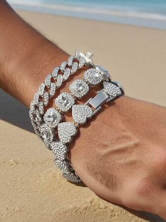 3件套闪亮链手链，男女皆宜的嘻哈风格手链，感恩节、圣诞节、派对、生日的绝佳礼物