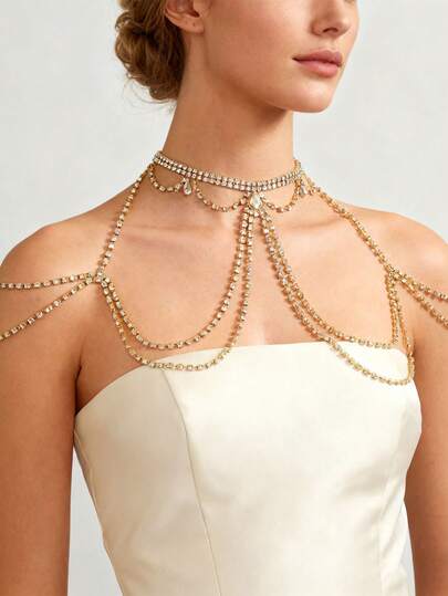 1pc Luxury Palace Style Gold Crystal Shoulder Chain, Multi-Layer Tassel Choker Design, Suitable For Evening Party, Christmas, Wedding Season Body Jewelry