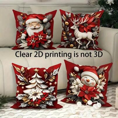 4 sztuki poszewek na poduszki z miękkiego poliestru z motywem Świętego Mikołaja, renifera, bałwana, choinki i kwiatów, 45 x 45 cm (17,72 x 17,72 cala), zapinane na zamek, nadające się do prania w pralce, odpowiednie do wystroju domu, salonu, sypialni, werandy, ogrodu, na zewnątrz, jako dekoracja na zimowe święta (same poszewki na poduszki – wkładka nie jest dołączona)