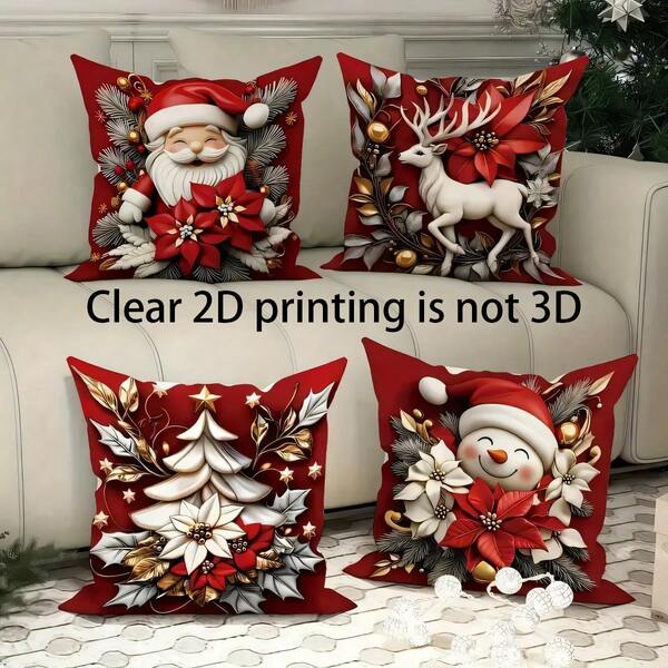 4 pezzi Federe per cuscino in poliestere morbido con stampe natalizie di Babbo Natale rosso felice, renna, pupazzo di neve, albero di Natale e fiori, 45x45cm (17,72x17,72 pollici), con cerniera, lavabili in lavatrice, adatte per la decorazione della casa, soggiorno, camera da letto, veranda, giardino, all'aperto, decorazione natalizia invernale (solo federe - inserto non incluso)