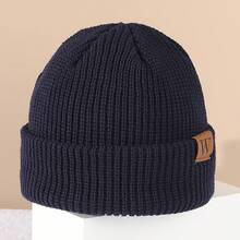 W Letter Knitted Hat - Navy Blue Soft Elastic 100% Acrylic College Style Casual Winter Unisex, Hand Washable - trắng - Xem 4
