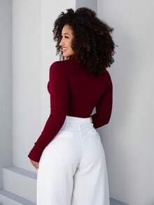 Women's Ribbed Long Sleeve Cropped High Neck Top With Thumb Loops - Redwood - View 1
