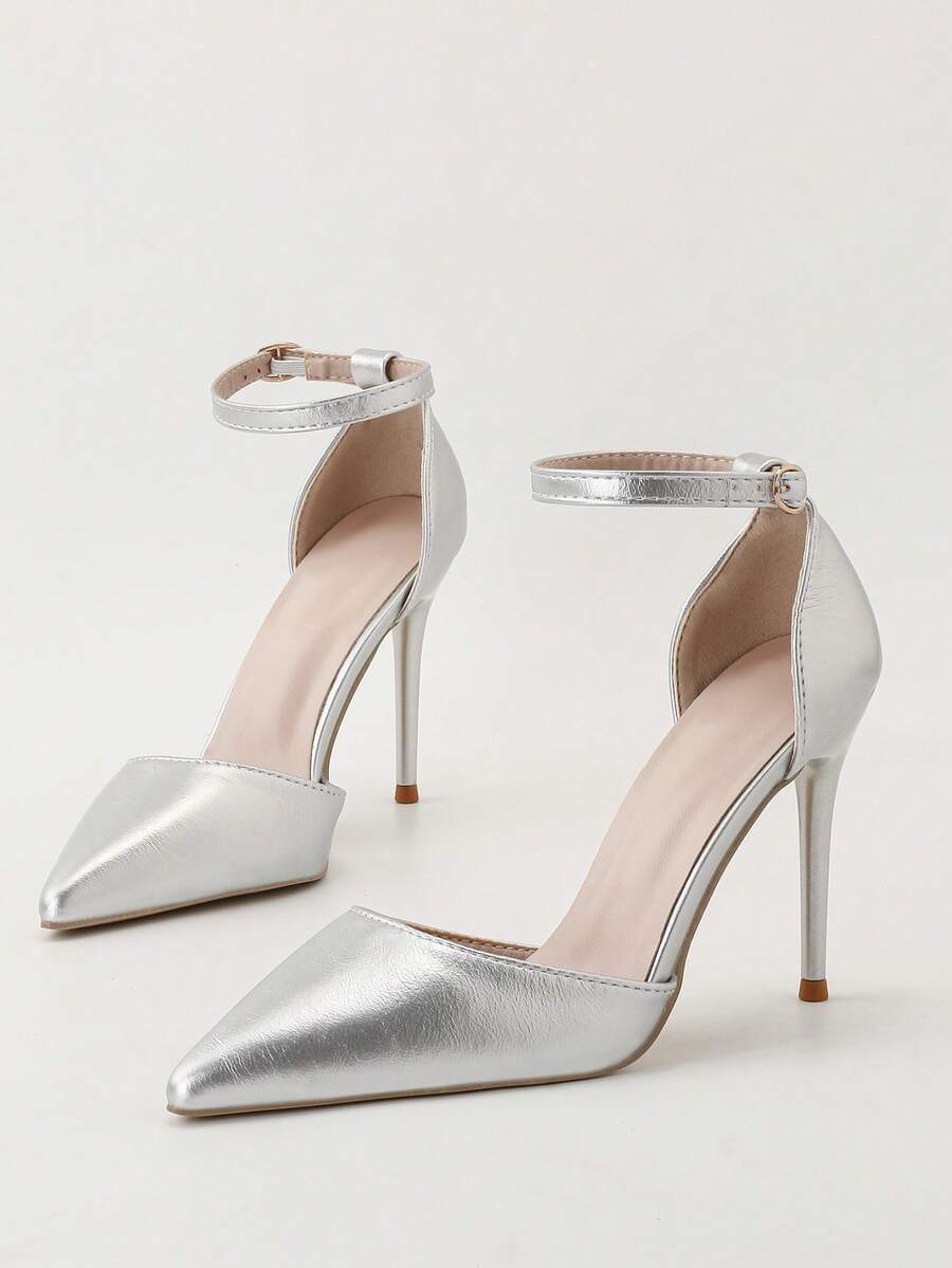 Sexy Party Hollow Out High Heel Shoes Thin Heel Metal Low Vamp Pointed Toe Single Strap Sandals, Elegant Women's High Heels, Elegant Women's Shoes, High Heels, Slip-On Pumps, Elegant Women Shoes - Silver - View 1