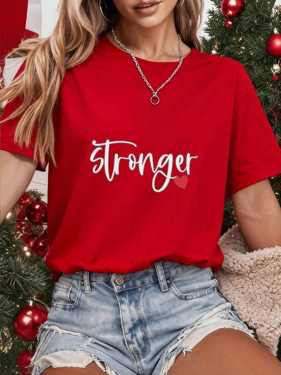 Camiseta para Mujer con Frase Motivacional Stronger Estampado Gráfico Manga Corta Casual, Playeras Con Frases Para Mujer Cotton Gym Casual, Playeras mujer de frase Stronger con corazón rojo,Camiseta De Mujer Manga Corta Casual Con Estampado,Cuello Redondo,Y2k,Coco Moda,Tops De Mujeres,Es un gran regalo para la familia, los amigos, los novios y las novias - Rojo - Ver 1