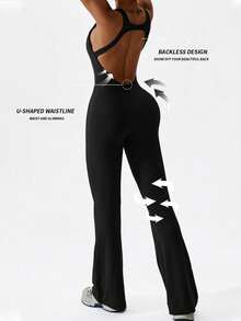 Mujeres entrenamiento Flare Jumpsuits, High Stretch Hollow Back Athletic Bodysuit, Sexy bodyless Gym Bodycon Scrunch Butt Yoga Rompers U Back - Negro - Ver 2