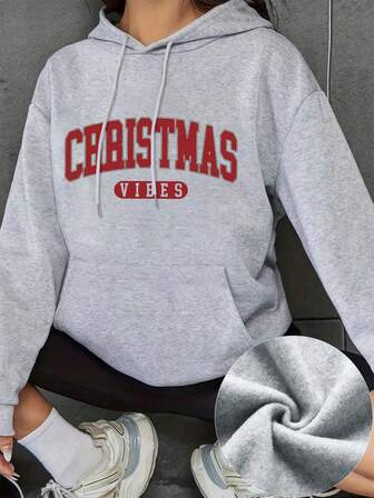 大码女式度假“圣诞氛围”文字图案连帽长袖休闲春夏秋季女式大码长袖连帽卫衣圣诞外出上衣女式度假装扮