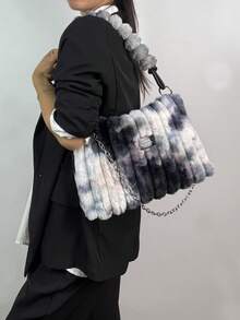 1pc Women's Autumn/Winter Rabbit Fur Tote Bag, High-Quality Zipper Large Bag, Detachable Strap, Available In Burgundy, Brown, Pink, Black Tie-Dye Fur, Suitable For Ladies, Girls Can Wear Crossbody Or Shoulder - Black and White - View 9