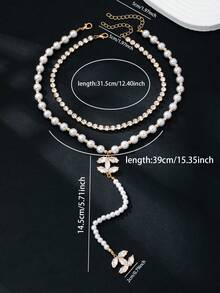 2pcs Set Elegant Crystal & Faux Pearl Layered Necklace, Sparkling Cubic Zirconia CC Pendant Y-Necklace, Fashionable Jewelry Suitable For Daily Wear, Dates, Parties And More