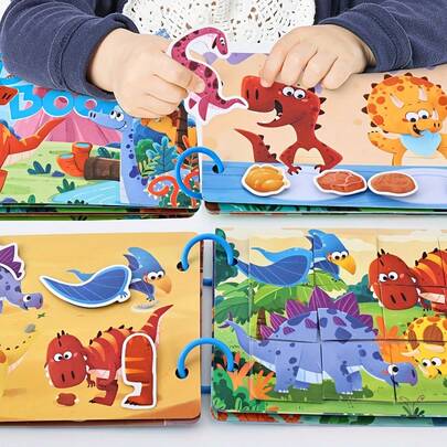 1本互动式益智书，恐龙和丛林主题，包含动物和交通工具冒险、可重复使用的贴纸、形状匹配、颜色分类、食物分类和拼图，适合幼儿。