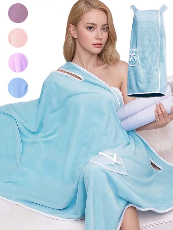 1pc Contemporary Coral Fleece Bath Towel Wrap, Quick-Dry, Absorbent, Non-Woven Fabric, Polyester 100%, With Bow Design, Fade Resistant, For Home Spa - Fantasy Theme