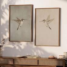 2pcs/Set, Hummingbird Paintings Wall Art, Ornithology Poster, Vintage Bird Art Prints, Unframed Neutral Minimalist Wall Decor, Hummingbird Gifts, Canvas Art For Living Room, Bedroom, Farmhouse, Rustic, Dorm, Office, Hallway, Home And Room Decoration - Beige - View 2