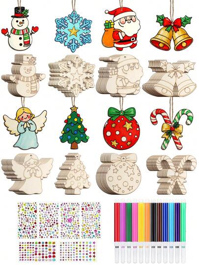 8 decorazioni natalizie in legno creative, set fai-da-te per dipingere - 8 disegni (pupazzo di neve, Babbo Natale, fiocco di neve, albero di Natale), include 12 matite colorate e un foglio di adesivi fatti a mano, con spago per la decorazione. Perfetto per decorare d'inverno e come regalo, decorazioni natalizie | Decorazioni natalizie da appendere