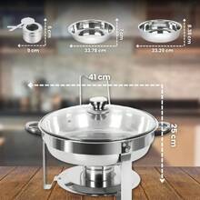 Juego de 2 platos redondos de galón con marcos plegables y soportes para tapa, calentadores de alimentos de acero inoxidable de grado alimenticio para fiestas, bufés, banquetes - Plateado - Ver 2