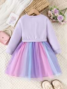 小女孩可爱连衣裙，卡通独角兽图案彩色网纱裙，长袖圆领，时尚公主裙，适合休闲、度假、派对、日常穿着，秋冬季 - 紫色 - 查看 2