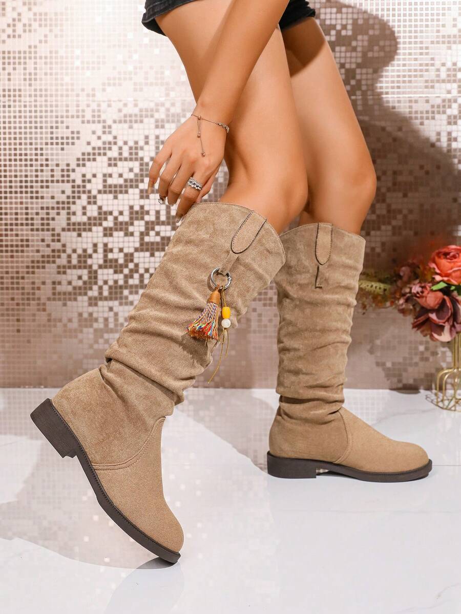 女士西部风格过膝长靴，卡其色时尚过膝长靴，中筒粗跟长靴，褶皱折叠粗跟长靴，圆头休闲/派对棕色流苏踝靴 - 卡其色 - 查看 1