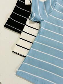 Set Of 3 Women's Short-Sleeve T-Shirts, Plain And Striped, Ribbed Cotton, Basic Style - 藍色條紋套件 3 - 查看 2