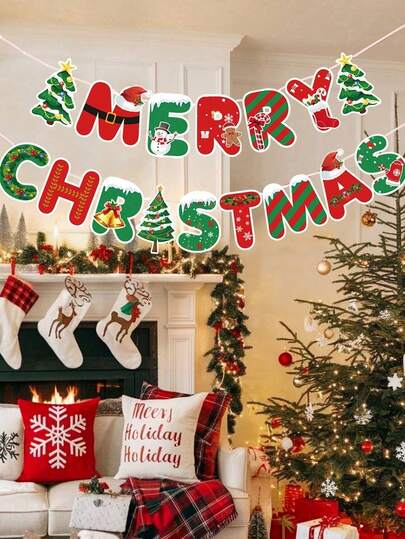 Merry Christmas Banner, Xmas Decorations Paper Banner Sign With String For Fireplace/Wall/Window, Christmas Home Office Decor Banners, Christmas Party Banner For Holiday Decoration
