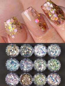 12-Color Set Chameleon Hexagon Nail Glitter, Laser Mermaid Gradient Shiny Flakes, Holographic Rainbow Metallic Powder Nail Art Decorations - Multicolor - View 6