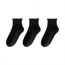 3 pares de calcetines de tubo medio con encaje de unicolor, frescos y lindos para estudiantes mujeres en primavera y otoño