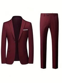 Men's 2-Piece Slim-Fit Suit - Solid Black/Pinstripe (Matching) Blazer And Pants, Collar, Single Button Closure, Bamboo Fiber Rayon Fabric, Suitable For Weddings, Business, Parties - Professionally Tailored Two-Piece Suit - 酒紅色 - 查看 2