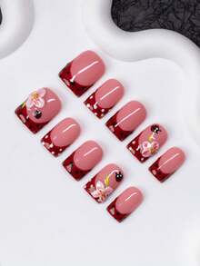 10片方形手工美甲贴片，Y2K 酷炫风格，裸色和红色法式贴片，波点、雕刻图案、瓢虫元素，闪亮美甲装饰，适合女性和女孩，可用于派对、婚礼、日常佩戴，包含工具包，是送给女士的绝佳礼物，美甲用品，手工按压式美甲贴片 - 彩色 - 查看 3