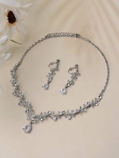 طقم قلادة وأقراط من سبيكة الزنك الأنيقة اللامعة، مجوهرات عرائسية، مناسبة للاستخدام طوال العام