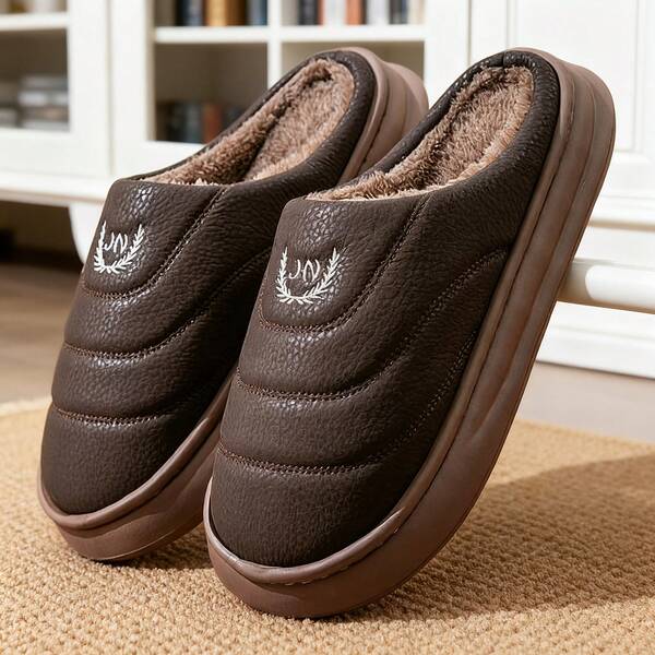 Extra Large Size Men's Waterproof Thermal Slippers, Thick Sole Anti-Slip Warm Plush Leather House Slippers
