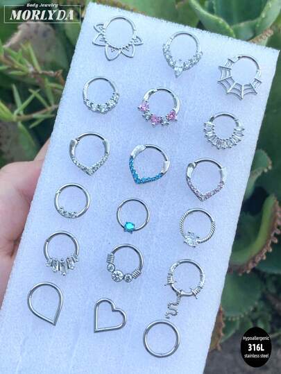 Morlyda Set de 3 piezas de joyas para piercing de nariz y septum con diseños glamorosos de 16G, incluyendo anillos de mariposa, corazón, lazo, luna, serpiente, así como aros de septum con perla falsa y barras con bisagra para septum, hélix, rook, trago, daith y cartílago, todo de acero inoxidable. Regalo de Navidad para hombres y mujeres, ideal para uso diario, fiestas y eventos sociales de 8-10mm