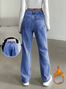 Jeans droits décontractés pour femmes avec doublure thermique et poches - Jean bleu - Voir 3