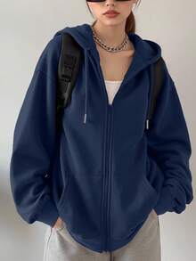 Sweatshirt Wanita Terbaru dengan Resleting Depan dan Bahu Longgar, Desain Modis Ukuran Besar, Tali Serut, Sweatshirt Berkerudung Lengan Panjang Warna Polos, Jaket Olahraga Kasual Musim Gugur/Dingin, Cocok untuk Aktivitas Santai & Olahraga di Luar Ruangan - Navy Blue - View 4