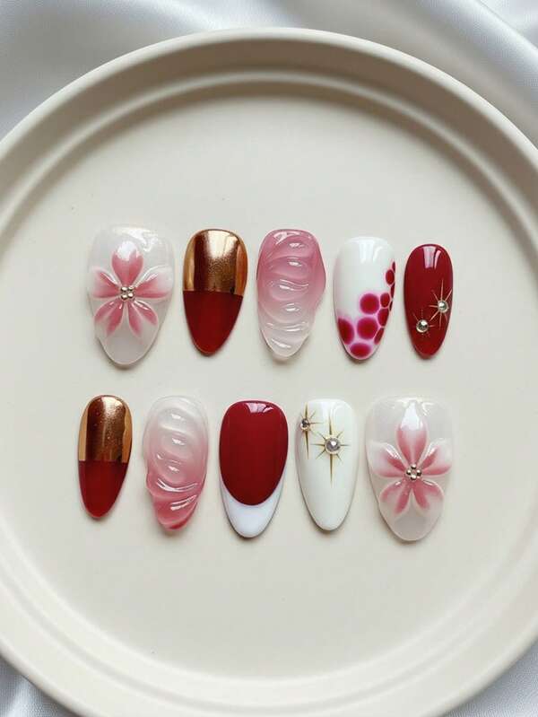 Illumina le tue unghie - 10 unghie finte corte a mandorla realizzate a mano per l'autunno/inverno, unghie con sfumatura rosa-bianca a motivo leopardato, unghie french tip con decorazioni dipinte a mano a motivo tartaruga e floreale, con effetto 3D a goccia e accenti dorati, set di unghie rimovibili e riutilizzabili (include colla per unghie e lima) - & Unghie natalizie carine - per feste e matrimoni