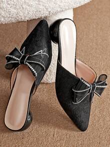 Women's Pointed Toe Slip-On Pumps, Black, Versatile Bow Lace Fabric, Elegant For Formal Events, Commute, Fashion, Sexy, Mid-Heel Mules, Suitable For All Seasons - Black - View 4