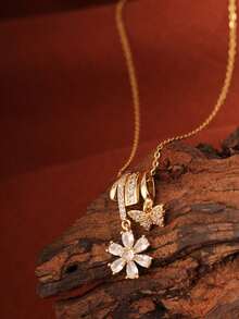 1件不锈钢极光星形珍珠太阳项链，18K金镶嵌小巧水晶，梦幻闪耀星形吊坠，适合作为礼物送给妻子、女性朋友或婚礼佩戴 - 金色 - 查看 5