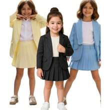 CONJUNTO SHORT SAIA PLISSADO PREGAS  COLEGIAL BLAZER DE ALFAITARIA INFANTIL ESTILOSO BLOGUEIRINHA - Amarelo - Visão 5