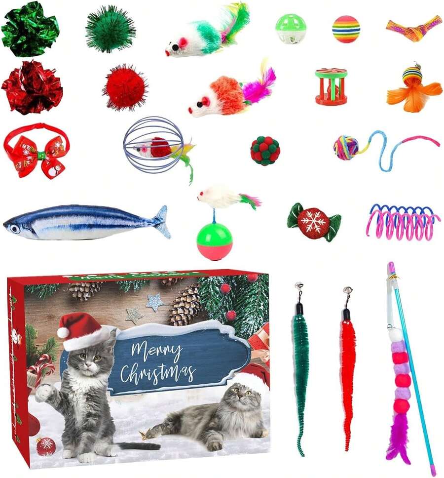 Calendario dell'Avvento per gatti, set regalo di Natale da 24 pezzi per animali domestici, calendario interattivo con conto alla rovescia per gattini, giochi interattivi per gli amanti dei gatti, numerosi regali a sorpresa, papillon, palline e giocattoli per gatti