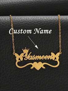 1 Peça Colar Personalizado com Nome Fosco, Colar Personalizado Elegante com Formato de Coração Fofo com Design de Coroa, Joia de Aço Inoxidável, Presente Perfeito para Mulheres, Pingente de Nome Brilhante e Estiloso, Adequado para Presentes de Dama de Honra de Casamento, Aniversário, Natal, Halloween - Multicolorido - Visão 2