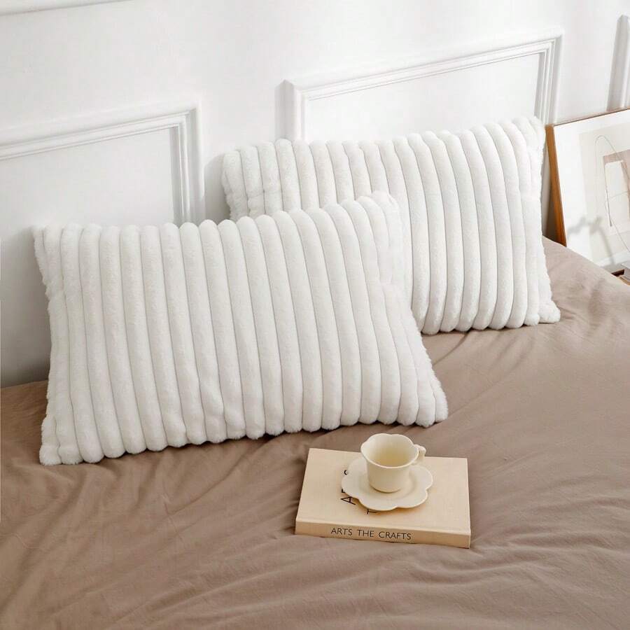 1 pieza Funda de almohada de piel de conejo sintética a rayas, sin relleno de almohada, cierre con cremallera, funda de almohada suave y acogedora, desmontable y fácil de usar para un sueño cómodo - blanco lechoso - Ver 1