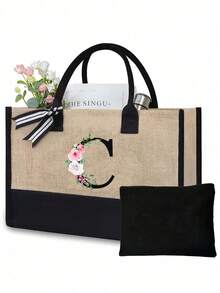 Juego de bolsas de lona con iniciales florales negras de la A a la Z, incluye bolsa de almacenamiento de maquillaje, bolsa de regalo personalizada, adecuada para boda, cumpleaños, playa, vacaciones, escuela, es un gran regalo para mujeres, mamá, maestros, amigos, damas de honor, estudiantes, bolsa grande, artículos de primera necesidad, regalos perfectos para vacaciones, cumpleaños, Acción de Gracias, Pascua, Navidad