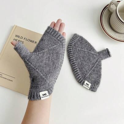 1pc Women's Half Finger Knitted Gloves - Touchscreen Compatible Winter Warm Solid Color Elastic Cuff Handwear For Cycling Driving Typing Office Commute, Unisex Fashion Hand Washable Cold Weather Accessories.