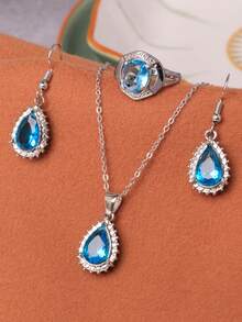 4pcs Teardrop Necklace, Earrings, Ring Jewelry Set, Navy Blue, Women's Fashion Spring Jewelry Set - Royal Blue - View 8