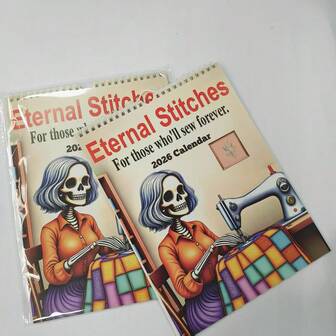 Calendario da parete 2026 a tema cucito "Punti eterni" con scheletro, illustrato in modo divertente, planner personalizzato per appassionati di cucito, calendario creativo e unico per il 2026, regalo divertente