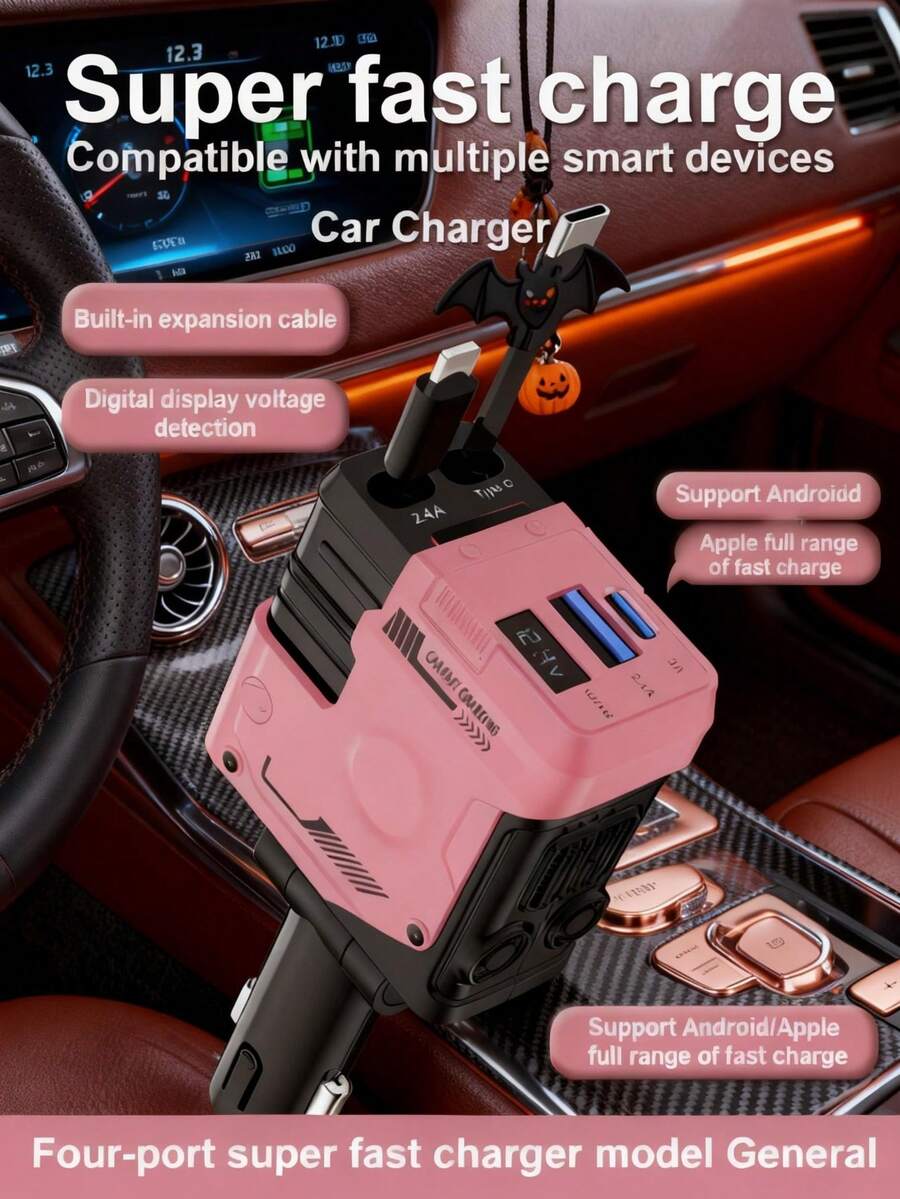 W&O 4 In 1 Retractable Car Fast Charger In Mech-Style 65W Charger Car Charger With Retractable Cablea And Multi-Port Usb C Holiday Gifts,Car Essential,Room Decor,Compatible With Iphone,Halloween Gift,Fast Charger - 粉色 - 查看 1