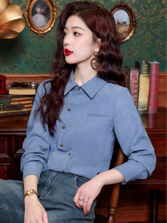 Women's Brushed Fleece Shirt, Stylish And Casual Long-Sleeved Top - Retro-Style Designer Piece, High-Quality And Elegant.